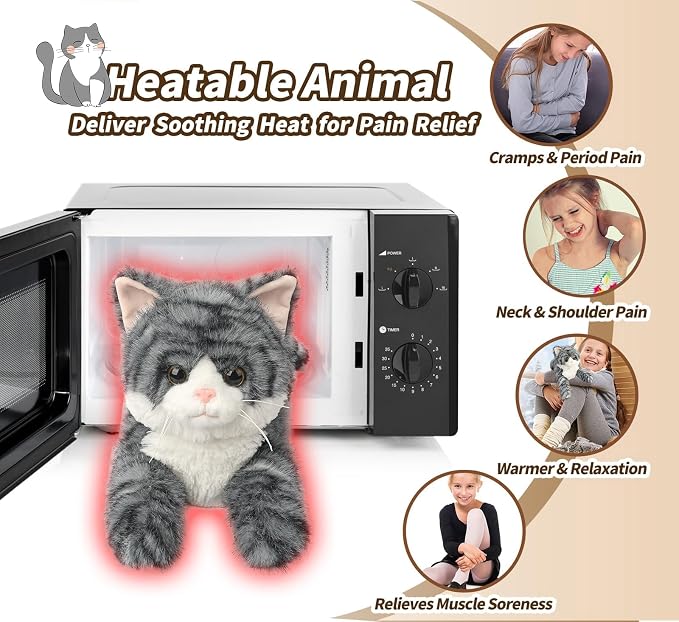 Gray Tabby Cat Stuffed Animals, Microwavable Stuffed Animal Adorable Fluffy Cat Plush for Warmth & Comfort, Heatable & Coolable Lavender Scent Cat Toys, Cute Soft Plushies Cat Gifts for Kids & Adults