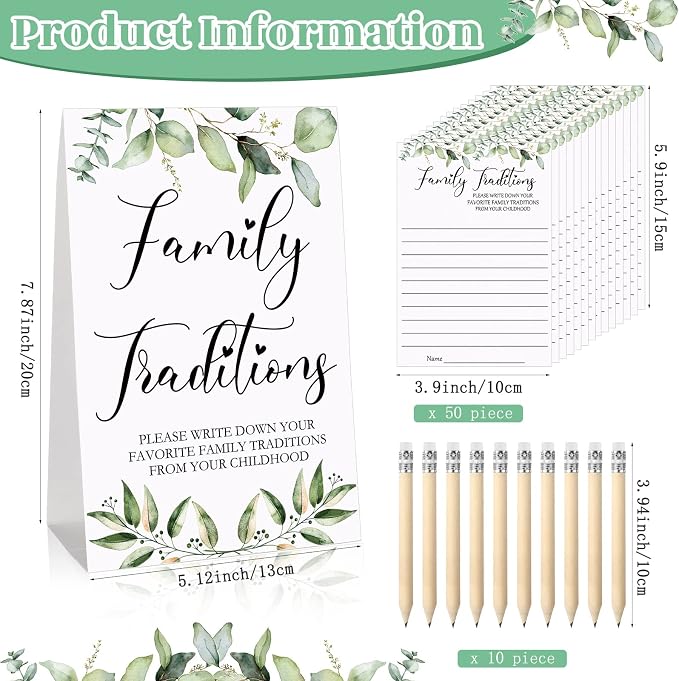 Fumete 61 Pieces Family Tradition Baby Shower Games Include 1 Family Traditions Standing Sign and 50 Activities Cards with 10 Pencils for Gender Reveal Bridal Shower Wedding(Green,Greenery)