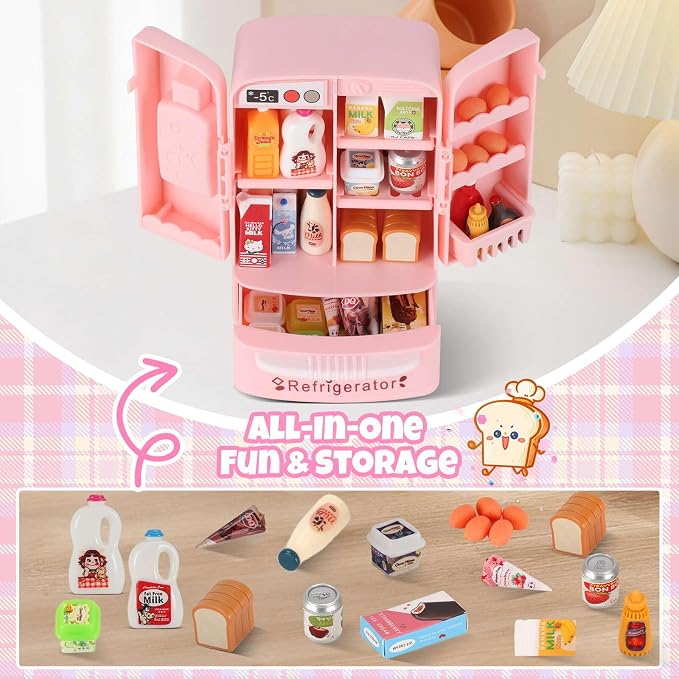 Mini Refrigerator Toy, Fill The Fridge with Ice Cream, Juice & 40+ Mini Food Toys for Dollhouse Accessories & Kitchen Playset. Realistic Refrigerator Play Gift for Kids.