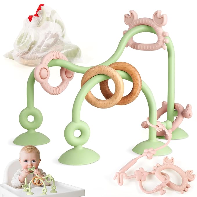 Baby High Chair Suction Cup Toys, Silicone Teether Sensory Toy | Teething Relief Tactile Developmental for Babies, Baby Einstein Activity for Table, Airplane Travel, 0-6 6-12 months
