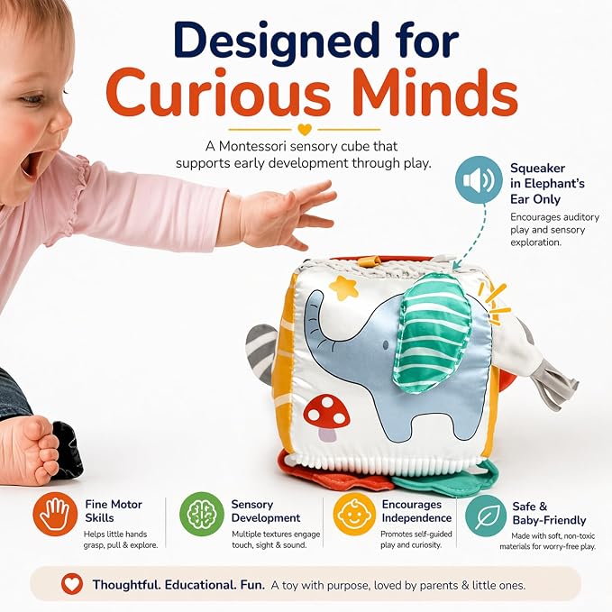 Baby Activity Cube Toy 8-in-1 for Babies 6-12 Months | Montessori Sensory Cube with Mirror, Teether, Crinkle Textures & Fine Motor Activities | Soft Busy Cube Toy for Toddler
