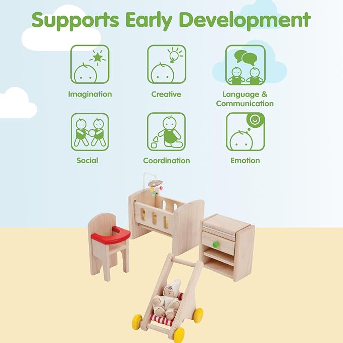 PlanToys® Wooden Nursery Dollhouse Furniture Set for Kids | Montessori Small World and Caregiving Pretend Play | Eco Friendly Wooden Dollhouse Baby Room Set for Imaginative Play