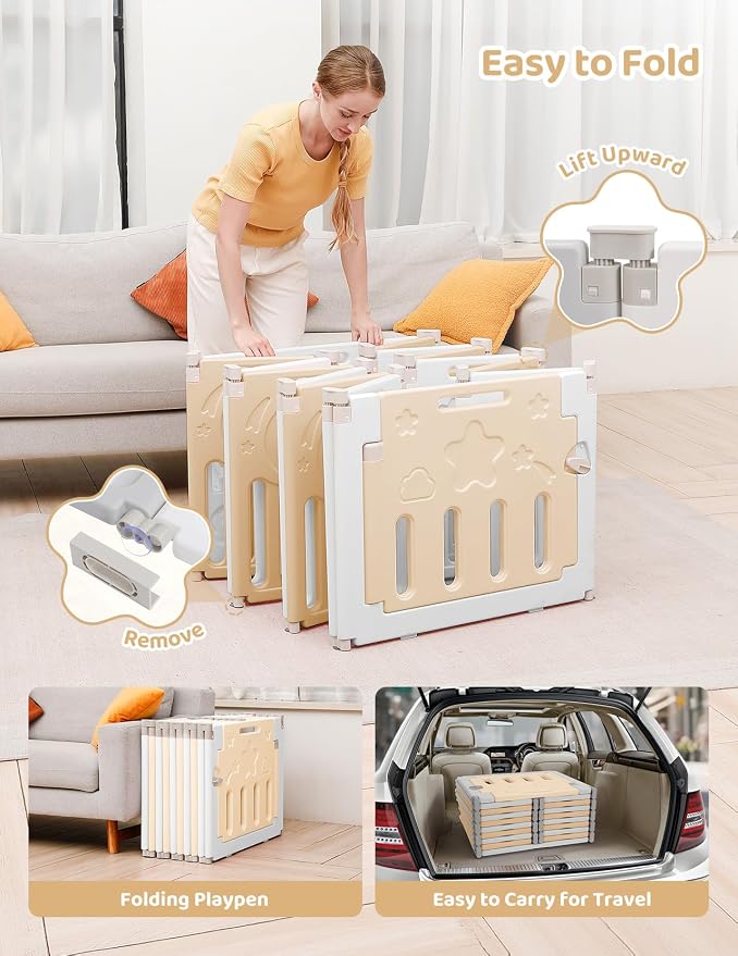 Dripex Baby Playpen, 14-Panel Foldable Playard for Toddlers 6-36 Months, Adjustable & Portable Indoor Outdoor Safety Play Area with Anti-Pinch Design, Game Panel and Safety Gate, Yellow White