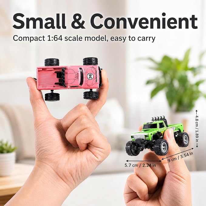 1:64 Scale Mini Remote Control Monster Truck with Trailer | 2.4GHz & App Dual Control, Alloy Mini RC Car with LED Lights, Portable Pocket Toy Car for Kids & Adults, Gift for Boys (Blue-b)