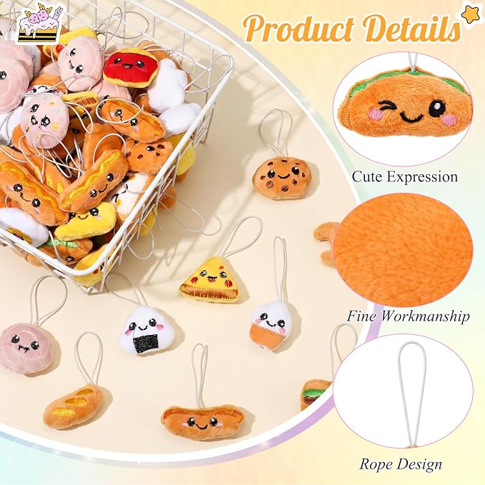 Libima 120 Pcs Mini Food Plush Keychain Set Small Sweet Food Keychain Charm Set Cute Small Bread Stuffed Toy for Carnival Birthday Party Prizes Decoration for Clothes