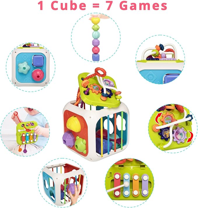 Aprilwolf Montessori Toys for Toddlers, 7-in-1 Activity Cube, Shape Sorter Toy| Baby Developmental Learning Toys| First Birthday Gifts