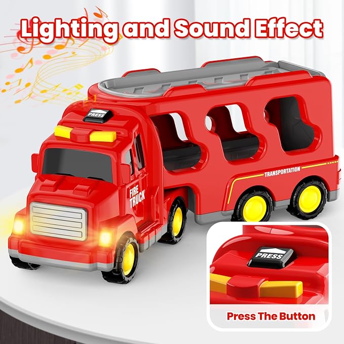 FunMission Toddlers Fire Truck for Kids 3-9 Year Old，5 in 1 Friction Power Vehicle Car for 3 4 5 6 7 Years Old Boys Girls，Carrier Truck Transport Toys for Christmas and Birthday Gifts