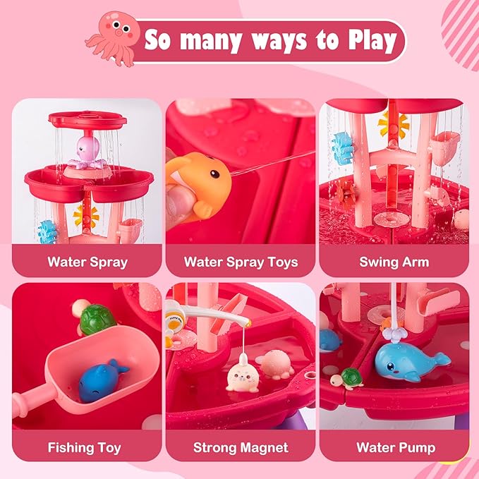 VROGTIK Water Table for Toddlers with Water Pump and Fishing Game Set 3-Tier Kids Sand Water Table with Umbrella Sensory Outdoor Toys for Kids Ages 3-8 Outside Toys Backyard Toddler Girl Toys