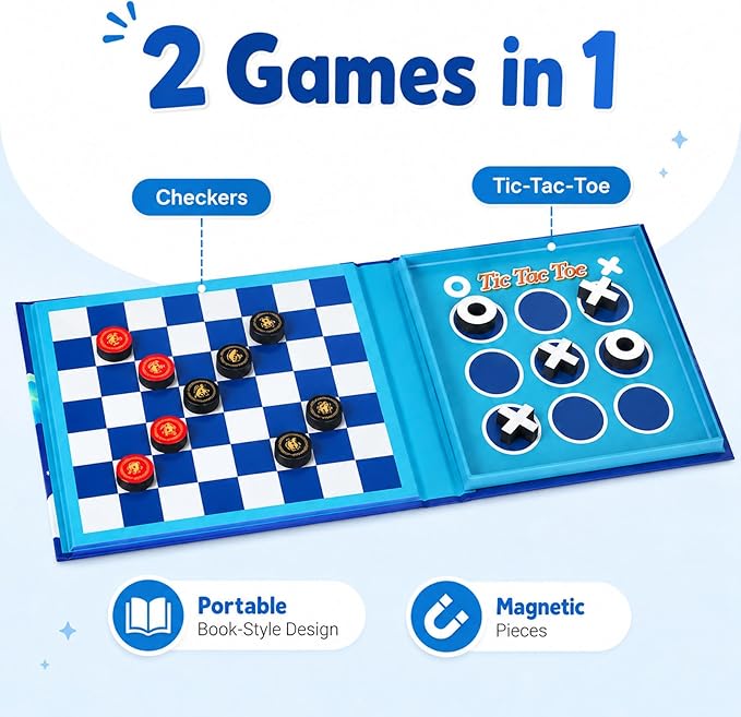 2-in-1 Travel Checkers and Tic Tac Toe Game for Kids Ages 8-12, Magnetic Checkers Board Game, Foldable Road Trip and Plane Activities