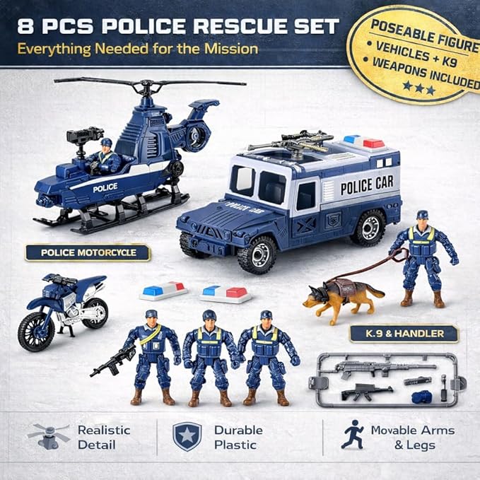 Liberty Imports 8 PCS Police Rescue Patrol Toy Vehicles and Figures Playset - Helicopter, SWAT Truck, Motorcycle, Action Figures, K-9, Weapons, and Accessories for Kids Imaginative Pretend Play