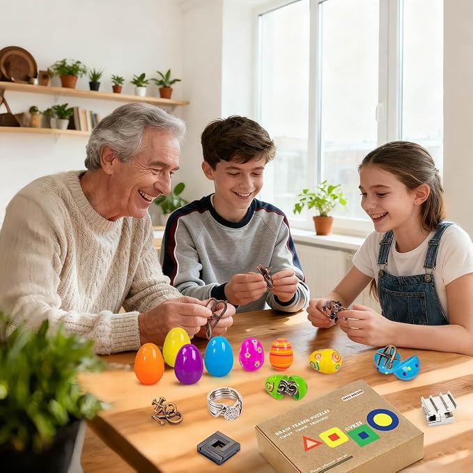 9-Piece Metal Brain Teaser Puzzle Toys for Adults & Teens - Challenging Games with Surprise Eggs, The Perfect Christmas & Easter Gift to Boost IQ & Logic (Ages 12+)