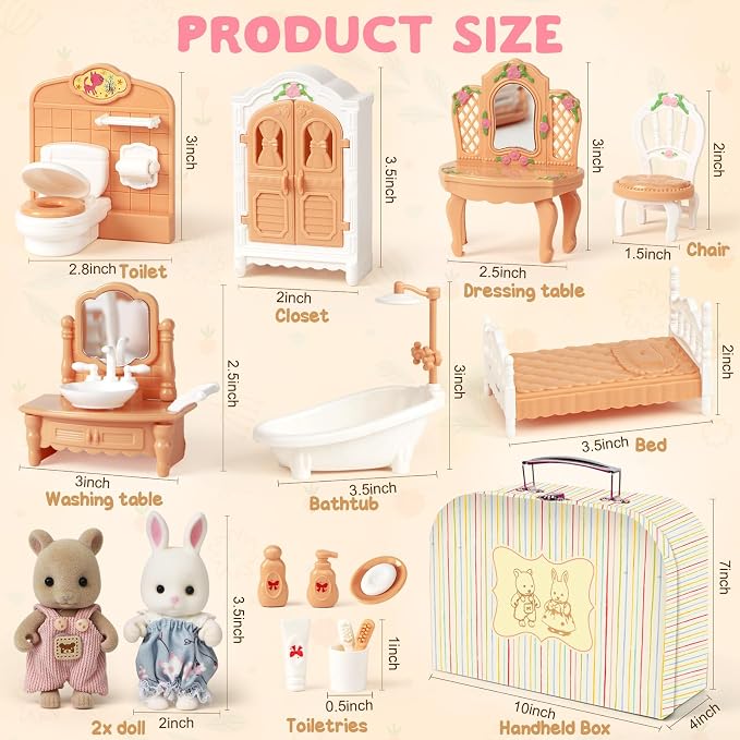 TUZT Suitcase Dollhouse Furniture Set for Kids, Mini Dollhouse Box with 2 Flexible Dolls and Bedroom&Bathroom Furnitures, Pretend Play Accessories Christmas Birthday Gift for Toddlers Ages 3+