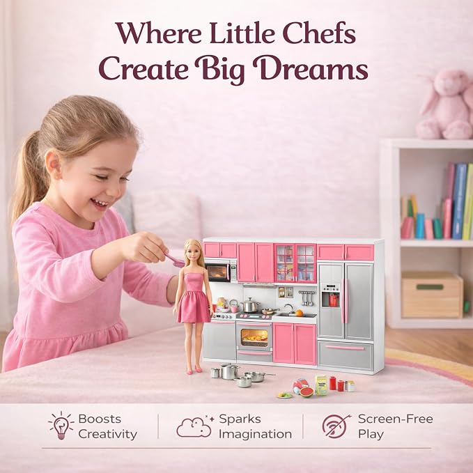 Doll Kitchen Playset for Kids, My Modern Mini Kitchen House Furniture Pretend Play Toy Accessories Set with Realistic Lights & Sounds for Toddlers, Girls (4-in-1)