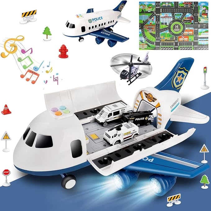 Dwi Dowellin Toddler Toys Car for Boys:Boy Toy Transport Cargo Airplane|Kid Toys 20 in 1 Carrier Vehicle Police Toys for Kids Age 2-4 3-5 4-7 Year Old Boys Girls