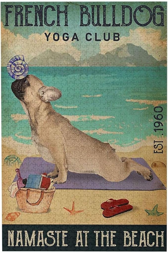 Beach Yoga Club French Bulldog Jigsaw Puzzles for Adults 1000 Piece, Adult Children Intellective Educational Toy DIY Home Decoration