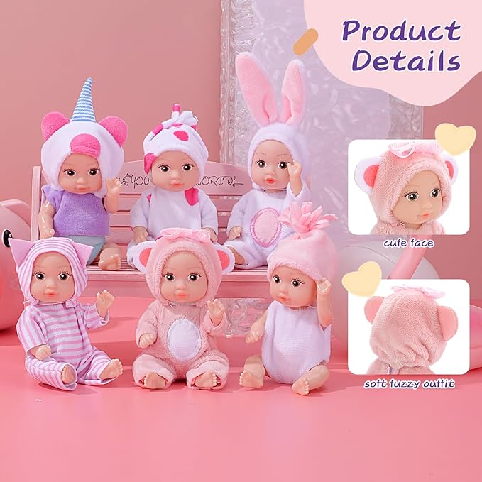 6PCS 4 Inch Realistic Open-Eye Baby Doll Playset - Mini Reborn Baby Dolls with Handmade Pink Clothes, Christmas Easter for Kids Age 3+