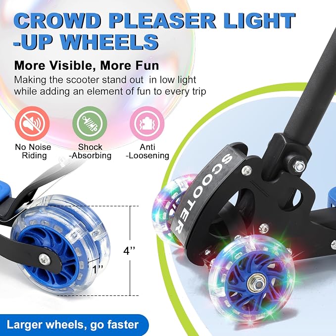 Scooters for Kids 6-8 8-12, Folding 3 Lighted Wheels Kick Scooter,3 Adjustable Height Handlebars, Lean-to-Steer,Widen Anti-Slip Deck, Heavy Duty Scooter for Boys Girls Ages 6-12,up to 170 Lbs