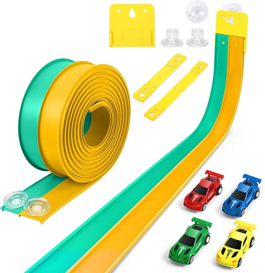 Flexible Race Car Track for Kids, Flex Track with 4 Small Race Cars,Rolls Up Portable Racetrack for Ages 3+, Compatible with H*t Wheels and DIEC*st 1/64th Cars (15FT-Green/Yellow)