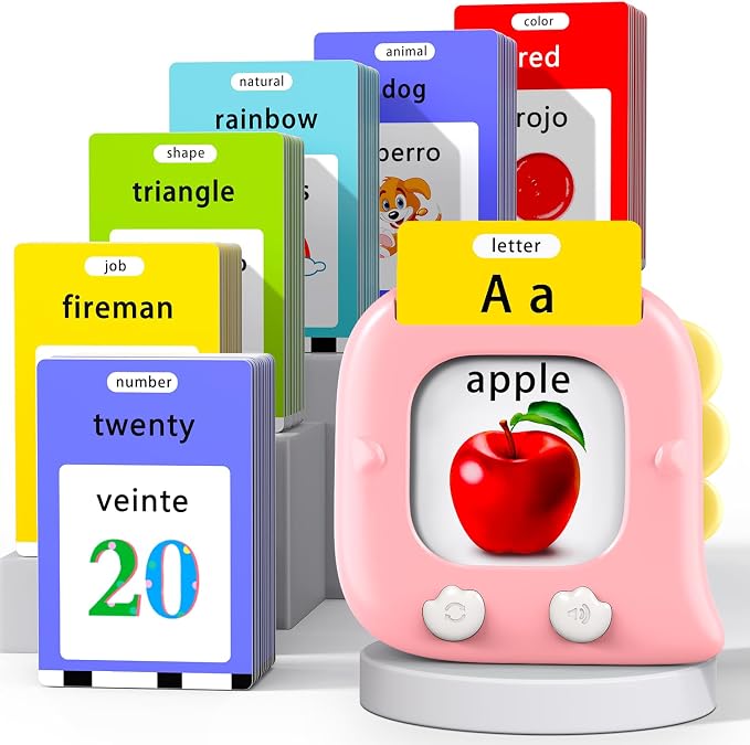 Kidzdo 520 Bilingual Spanish English Talking Flash Cards, Easter Birthday Gifts for 2 3 4 5 6 Year Old Girls, Language Pocket Speech Therapy Toys, Portable Toddlers Toys, Pink