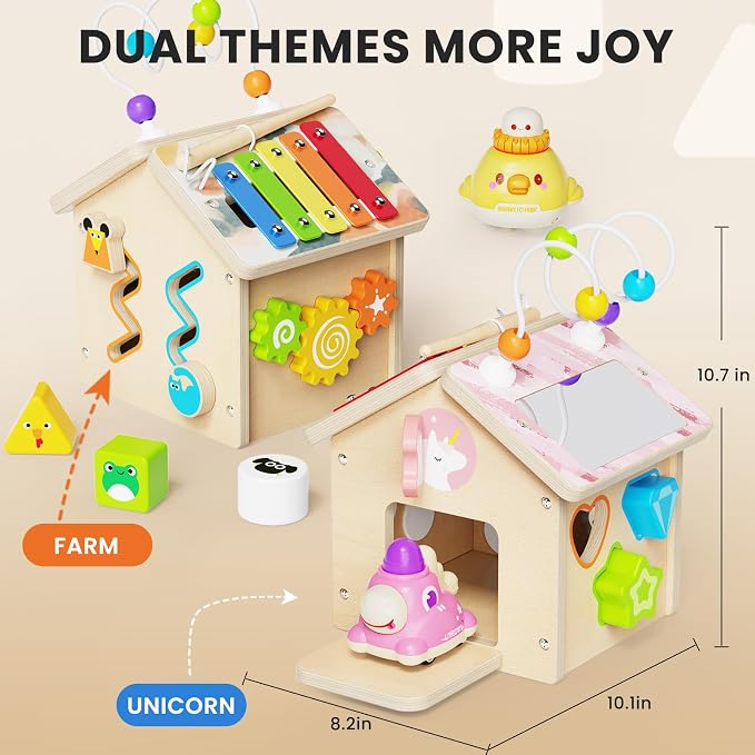 9-in-1 Wooden Activity Cube, Montessori Baby Activity Center Toys for 1+ Year Old Boys & Girls, Unicorn Theme Baby Cube with Car Toys & Shape Sorter, Educational Toy for Toddlers, Ideal Baby Gift