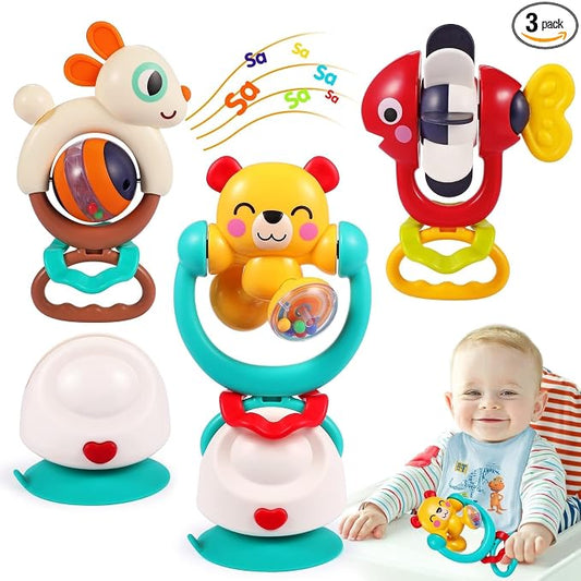 Baby Toys 6-12 Months Infant Toy Set of 3 High Chair Suction Cup Rattle Teething Toys for Babies 6 7 9 12-18 Months 2-in-1 Sensory Development Tray Toy Baby Gifts for Boys Girls