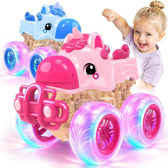Girl Monster Truck for Toddlers 2-4: Princess Car, Girl Cars, Pink Monster Trucks for 1 Year Girls,Pull Back Cars for Toddlers 1-3,Unicorn Christmas Birthday Best Gift,Light Up for Kids