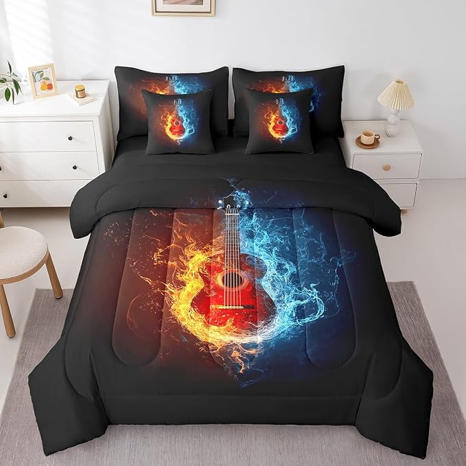 Feelyou Guitar Comforter Set with Sheets Twin Size Rock Music Bed in a Bag for Boys Girls Teens Black Orange Blue 7 Pieces Bedding Set Soft Lightweight Microfiber