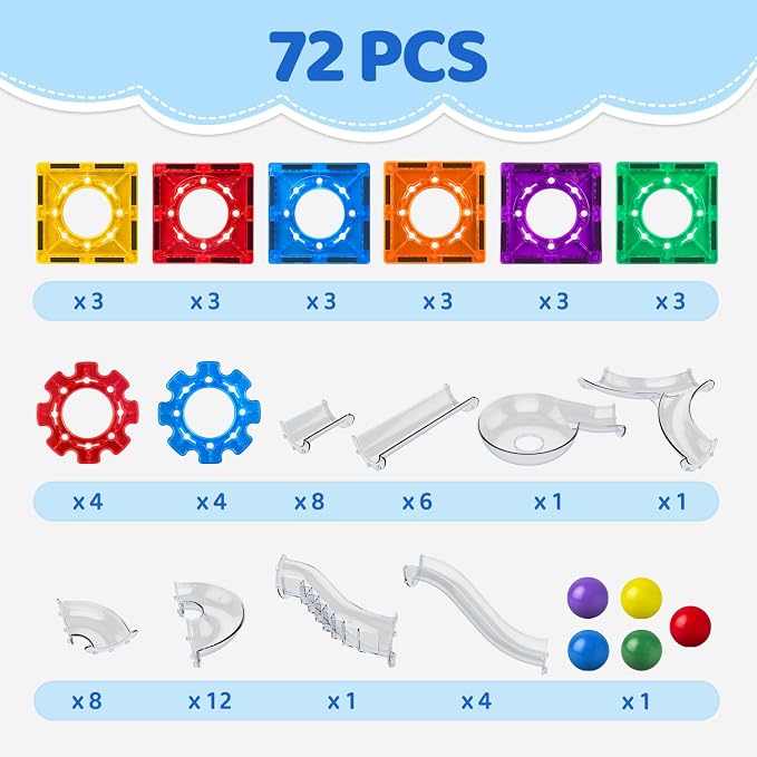 Magnetic Tiles, 72 PCS Magnetic Marble Run Building Blocks – STEM Toy for Kids Ages 3-8 | 3-in-1 Building Set with Tiles, Race Tracks & Marble Runs for Creative Learning & Imaginative Play