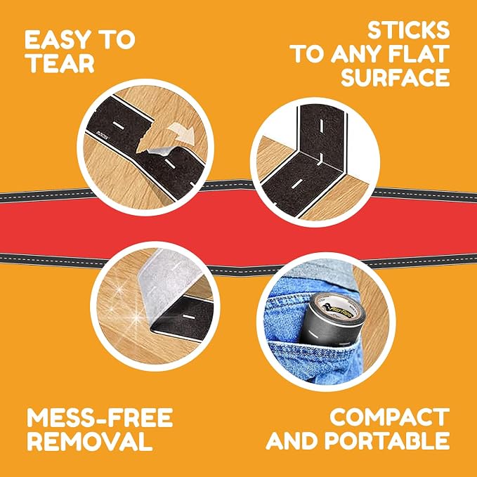 PlayTape Road Tape for Toy Cars - Sticks to Flat Surfaces, No Residue; 2-Pack of 30 ft. x 2 in. Asphalt Road