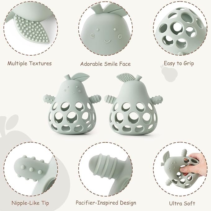 Baby Teething Toy Silicone Teether for Infants, Pear-Shaped Design with Easy-Grip Hole and Nipple-Shaped Ends for Gum Massage & Sensory Development, BPA-Free Safe Baby Chew Toy YIVEKO-Ivory+Blush