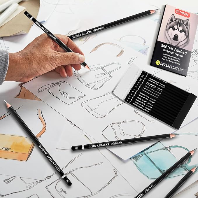 GETHPEN Professional Drawing Sketching Pencil Set - 14 Pieces Graphite Pencils(14B - 4H), Ideal for Drawing Art, Sketching, Shading, Artist Pencils for Beginners & Pro Artists
