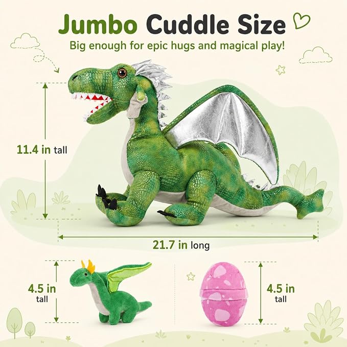 7Pcs Giant Green Dragon Plush Toy Set, 21.7" Big Mother Dragon Stuffed Animal with 4 Babies & 2 Eggs, Stuffed Dinosaurs for Kids Boys Girls, Cute Soft Plushies Gift for Birthday Christmas