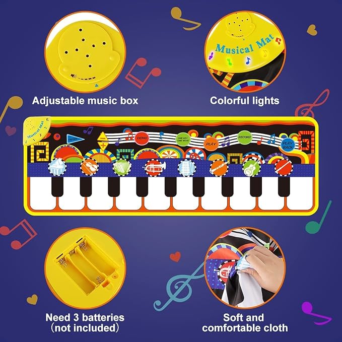 RenFox Baby Piano Mat with 25 Music Sounds, Kids Musical Playmat, Early Education Development Birthday Gift Music Toy for 1 2 3 Year Girls Boys, Piano Keyboard Touch Play Blanket for Easter Gifts