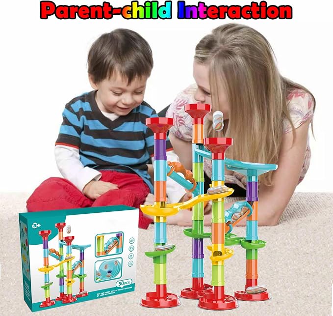 50 PCS Marble Toy Premium Set,STEM Educational Building Block Toy,Marble Track Race Set with 15 Glass Marbles for Boys & Girls,Construction Building Blocks Toys for Kids