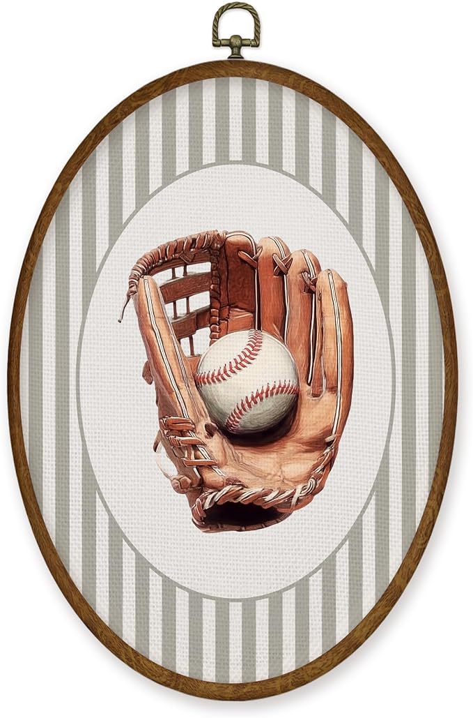 WULQYING Baseball Nursery Wall Art Decor, Sports Nursery Boys Room Oval Framed Canvas Art Prints, Sport Lover Gift Baseball Wall Hanging Decor for Kids Boys Room Bedroom Playroom, 8.5x11.3 Inches