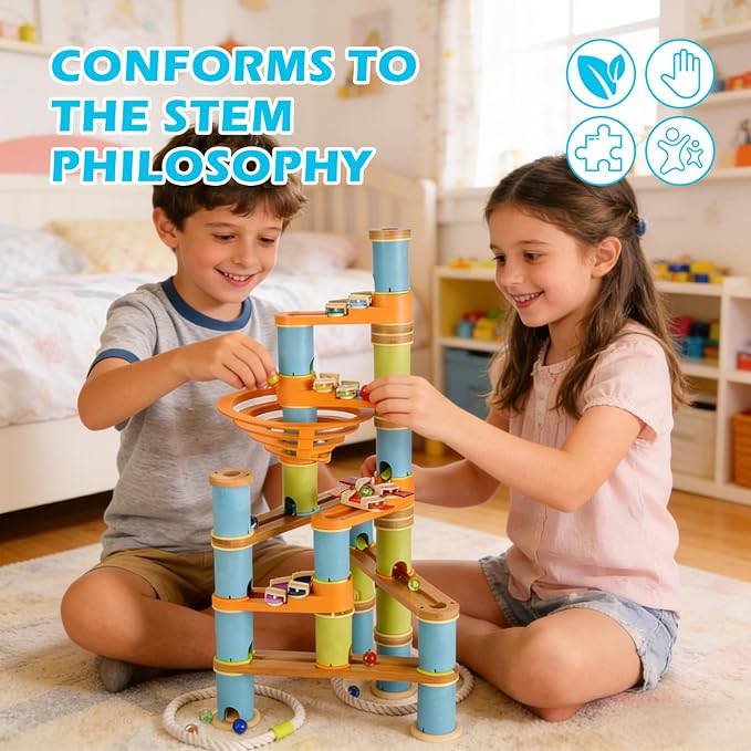 Natural Bamboo Marble Run Toy Set — Musical STEM Building Blocks for Kids — Shatter-Proof Design with Clever Cord-Catch — Eco-Friendly Educational Gift — 98 Pcs