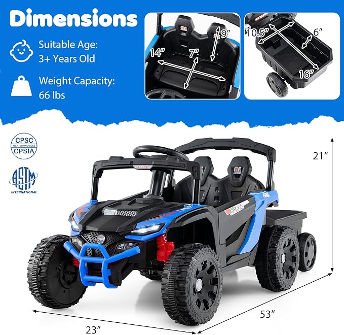 Costzon Kids Ride On UTV Car with Detachable Trailer, 12V Battery Powered Electric Vehicle with Remote Control, 3 Speeds, LED Lights, Music, Horn, Off-Road UTV for Boys & Girls (with Trailer,Blue)