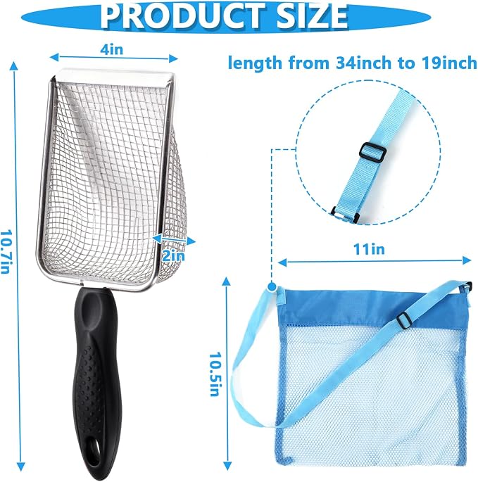 fethwoin 2Pcs Shark Tooth Sifter with 2Pcs Mesh Shell Bags, Beach Sand Sifter, Sea Shell Scooper for Beach, Sand Beach Toys for Kids, Medium, Blue