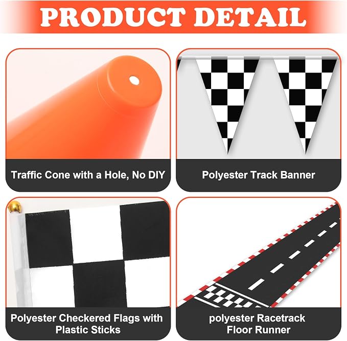 AHIER 38 Pcs Traffic Cones and Racing Flags Set - 12 Plastic Cones With Hole, 24 Checkered Flags With Sticks, 6.5Ft Racetrack Floor Runner and 9.8ft Race Track Banner