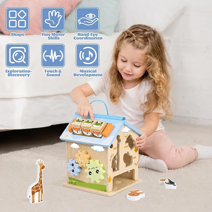 Wooden Activity Cube 8-in-1 Baby Activity Center Montessori Toys for 1 Year Old & Up Educational Learning Toys for Toddlers with Animal Friends