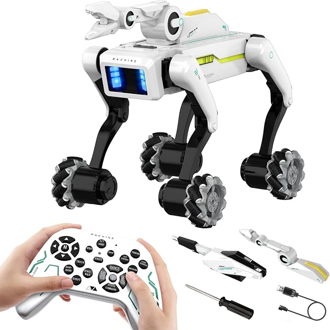 EVADA 3 in 1 Robot Dog with Wheels Kit, 30+ Bionic Actions, Voice & Remote Control, Programmable Moves, Rechargeable Battery, All-Terrain Stunt Pet Toy for Kids (Removable Claw & Cannon)
