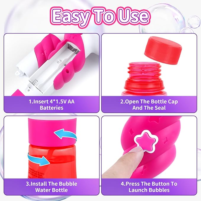 Bubble Machine for Girls, Toy Automatic Bubble Wand Maker Blower Toys with Light, Outdoor Party Toys for 3 4 5 6 Year Old Girl Easter Birthday Gifts Include Bubble Solution