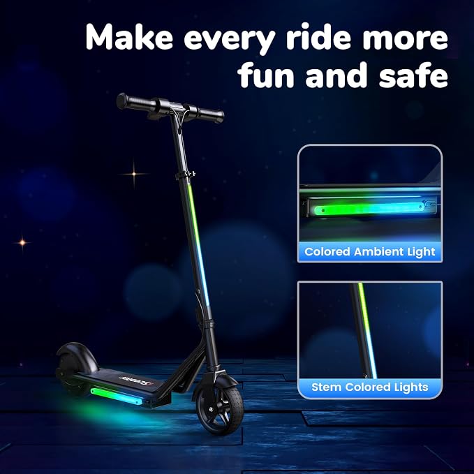 iScooter IK3 Serious Electric Scooter for Kids Aged 6-12, 3/6/10MPH Speed, Dual Brake System, 3 Heights (IK3Pro), Magnetic Charging, Colorful Lights, LED Display, 150W Motor Kids Scooter