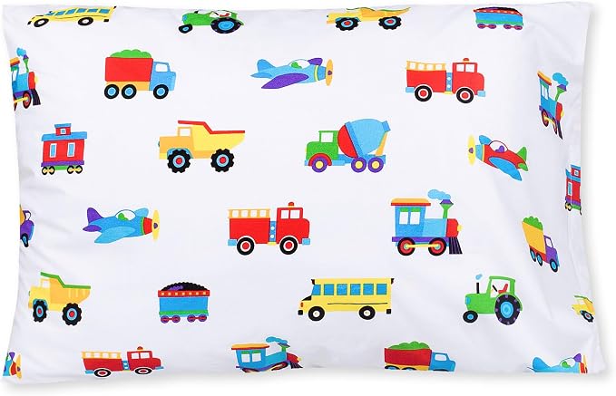 Wildkin 100% Cotton Kids Pillowcase – Soft, Breathable & Standard Size (20x30) - Trains, Planes, and Trucks