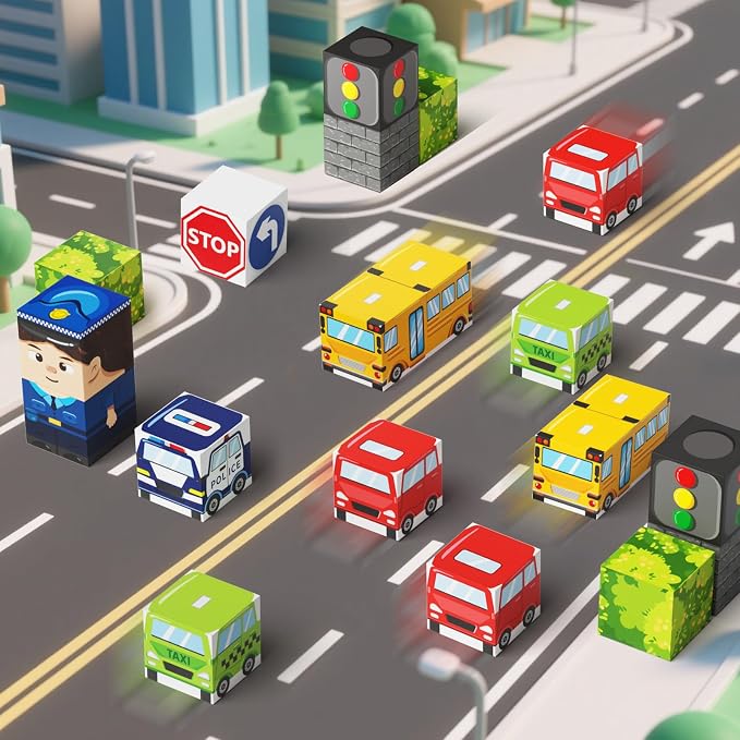 City Traffic Magnetic Blocks Set, 35PCS STEM Toys for Kids Ages 3-8, Travel Building Toys with Carrying Case, Child-Safe with Fully Encased Magnets, Car/Airplane Toddler Toy Birthday