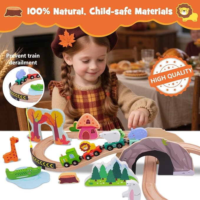 SIMPLIPLAY 45PCS Jungle Wooden Train Set with Safari Figures, Crash Barrier | Montessori Train Tracks for Toddlers 3-5 with Bridge & Wooden Safari Animal Toys, Gifts for 3 4 5 Years Old Girls & Boys