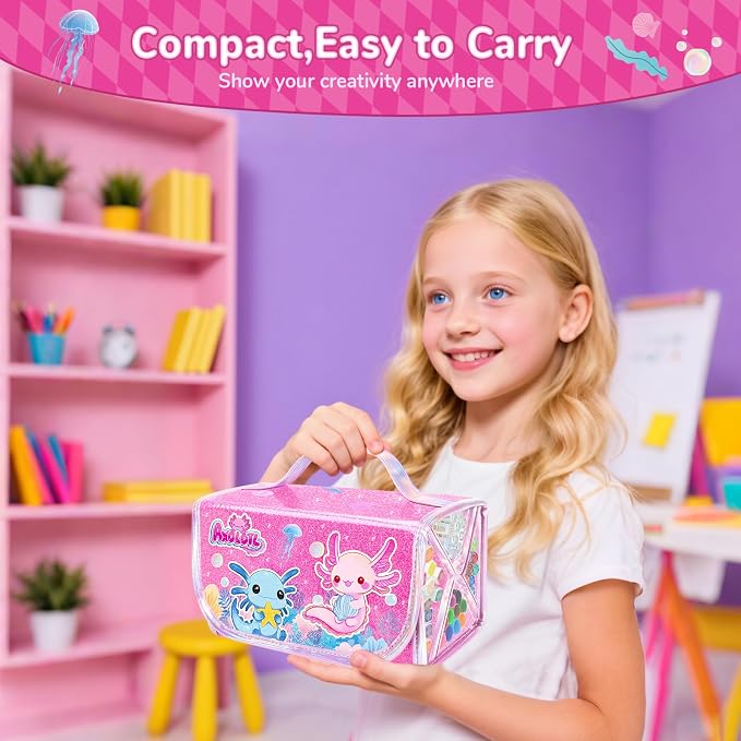 Axolotl Arts and Crafts for Girls Ages 4-5-6-7-8, 70 PCS Art Supplies Set with Kawaii 3D Pink Pencil Case, Washable Dual Markers, Scented Gel Pens, Twist-up Crayons & Axolotl Stickers, Birthday Gift