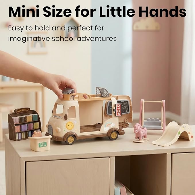 Family School Bus Toy — Mobile Classroom Playset with Bookshelf, Slide, Swing & Soccer Goals, Dollhouse Pretend Play Vehicle, Gift for Kids Ages 3+