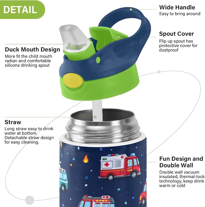 Boccsty Cartoon Ambulance Car Kids Water Bottle with Straw Lid Firefighter Fire Truck Insulated Stainless Steel Reusable Tumbler for Boys Girls Toddlers 12 oz Green