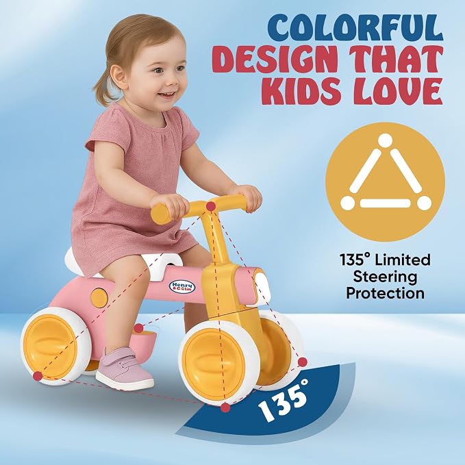 Henry & Colin First Balance Bike for 1 Year Old, 4 Wheel Toddler Bike with Fun Lights & Music, Soft Seat, No-Pedal Ride On Toy, 1st Birthday Gift for Boys & Girls Ages (12–36 Months) Classic Pink